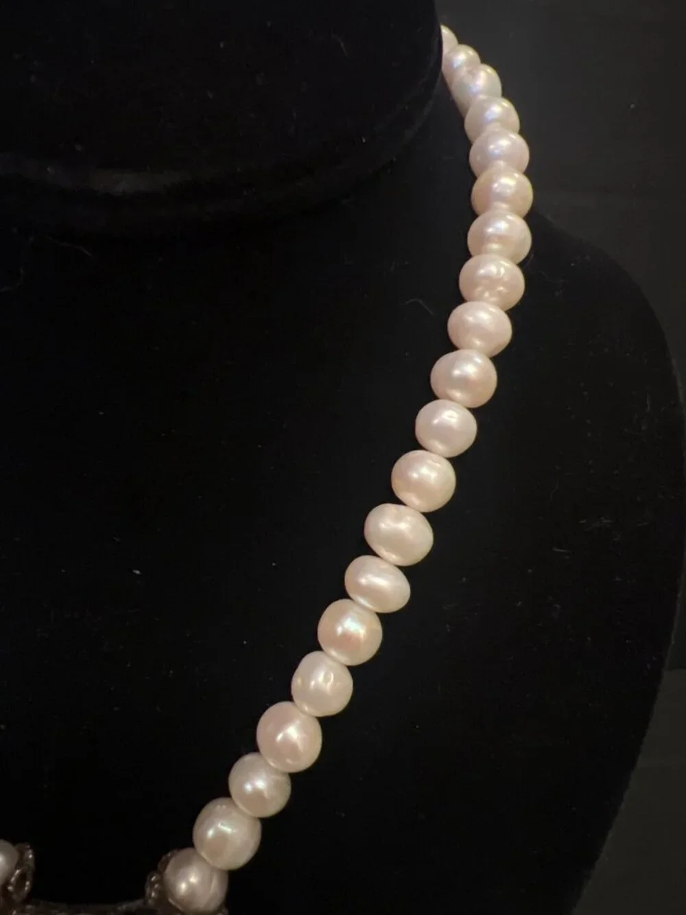 Handcrafted Pearl Necklace With Intricate abalone and Silver Pendant  Art Deco